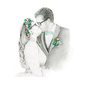 This was a custom couples portrait commissioned as remembrance gift of their wedding.  All of my portraits are hand drawn and painted from your photo. A one of a kind gift by star seller.