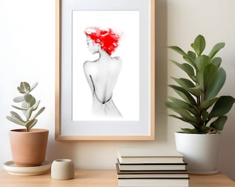 Originele roodharige vrouw aquarel schilderij, abstracte meisje kunst aan de muur (11 x 14)