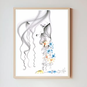 Original Mixed Painting Reproduction Drawing of a Girl Sad Crying Girl Canvas Print Crying Girl Artwork Giclee Art Mixed Flower Art Decor