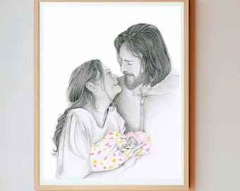 Stillborn Baby, Infant Loss Gift. Custom Portrait Drawing of Mom & Dad holding Child After Stillbirth, Miscarriage, Pregnancy Loss.