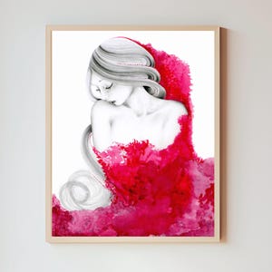 Abstracte vrouw aquarel gicleeprint: roze fuchsia muurkunst