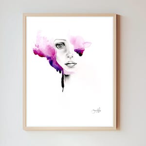Women girl stunning face with big eye&#39;s art Abstract watercolor painting minimalist fashion Illustration beauty Salon decor Purple hair face