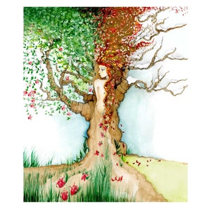 For nature lovers, I offer many sizes for this woodland art piece. A girl, woman in a tree representing all four seasons. A unique nature inspired art print for any wall space in and your home. Abstract colors for, Spring, Summer, Winter and Fall