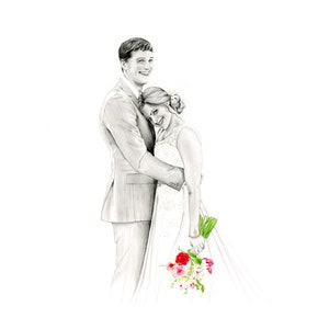 A couples portrait. This is not digitally created. All of my custom portraits are hand drawn by me on paper from your photo. Bringing that unique feel to any special moment, a gift, memento for that lucky couple. Engaged and ready for wedding.