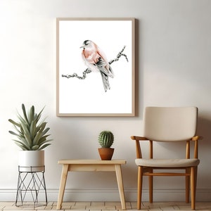 A stunning work of art to adorn your home wall decor. A single red finch sitting atop a branch. This is a reproduction fine art poster print of my original pencil drawing of a bird.