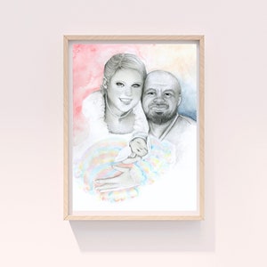 Prezent dla martwego dziecka, po stracie niemowlęcia. Spersonalizowany portret mamy i taty trzymających dziecko po urodzeniu martwego dziecka, poronieniu lub utracie ciąży.