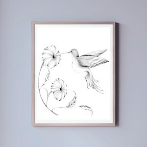 Black and white hummingbird Wall Art Giclee Print of Original Drawing Minimalist wall art Nature Lovers Beautiful hummingbird with flower