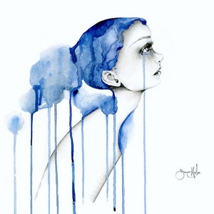 Abstract watercolor painting. An enlargement example displayed, as a poster print. Blue tears, crying unabashedly. My Suffering bringing mental health, depression awareness. A unique and interesting artwork giving a wow factor to any wall space