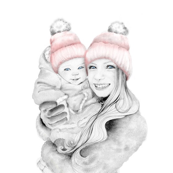 Personalized family portraits gifts for mom and dad. Custom pencil portraits hand drawn from photo. Personalized art gifts for family, home