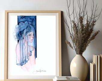Retrato de niña en acuarela azul original, arte abstracto femenino (11 x 14)