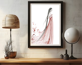 Beautiful soft feminine fashion Illustration art print Minimalist Giclee Poster prints Red Burgundy women art , a unique gif for her bedroom