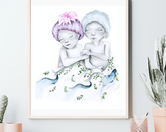 Conjoined twins memorial gift for mom. Miscarriage pregnancy baby loss, stillborn Remembrance gift twin loss. Watercolor painting home decor