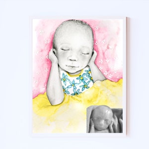 Hand drawn from your photo. Mom chose the amount of color and what colors to incorporate. My stillborn portraits are entirely personalized. Hand drawn memorial, wall art for your home. A keepsake for much comfort and joy.