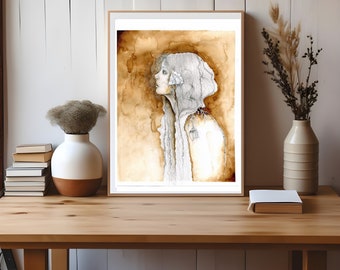 Brown abstract painting of a girl for your home decor, wall art. One of a kind and hand drawn.  Rustic coffee staining and graphite pencils.