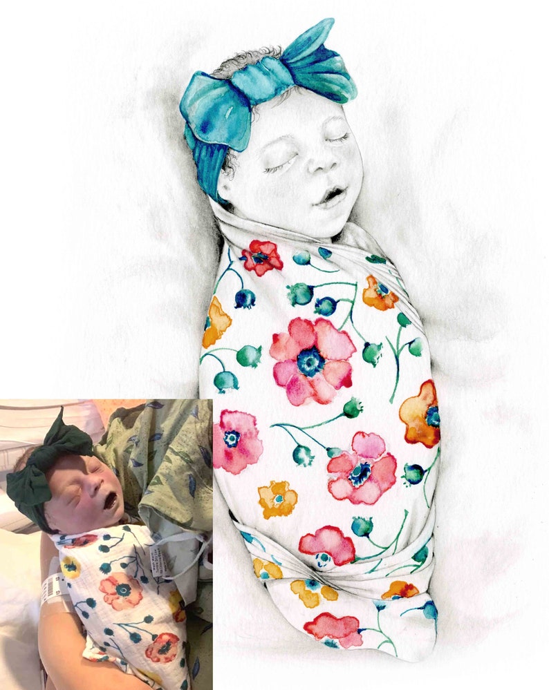 Mom provided a photo of her stillborn baby in the hospital. She wanted a beautiful memorial of her angel that she can proudly display in her home, one that she can look on with joy and peace. My portraits are hand drawn, and entirely personalized.