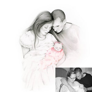 An example of a mom holding her stillborn baby. I took her photo of this moment, where mom was in hospital gown grief stricken. She wanted a portrait drawing, a memorial that they can proudly display in their home. One with a look of beauty and peace
