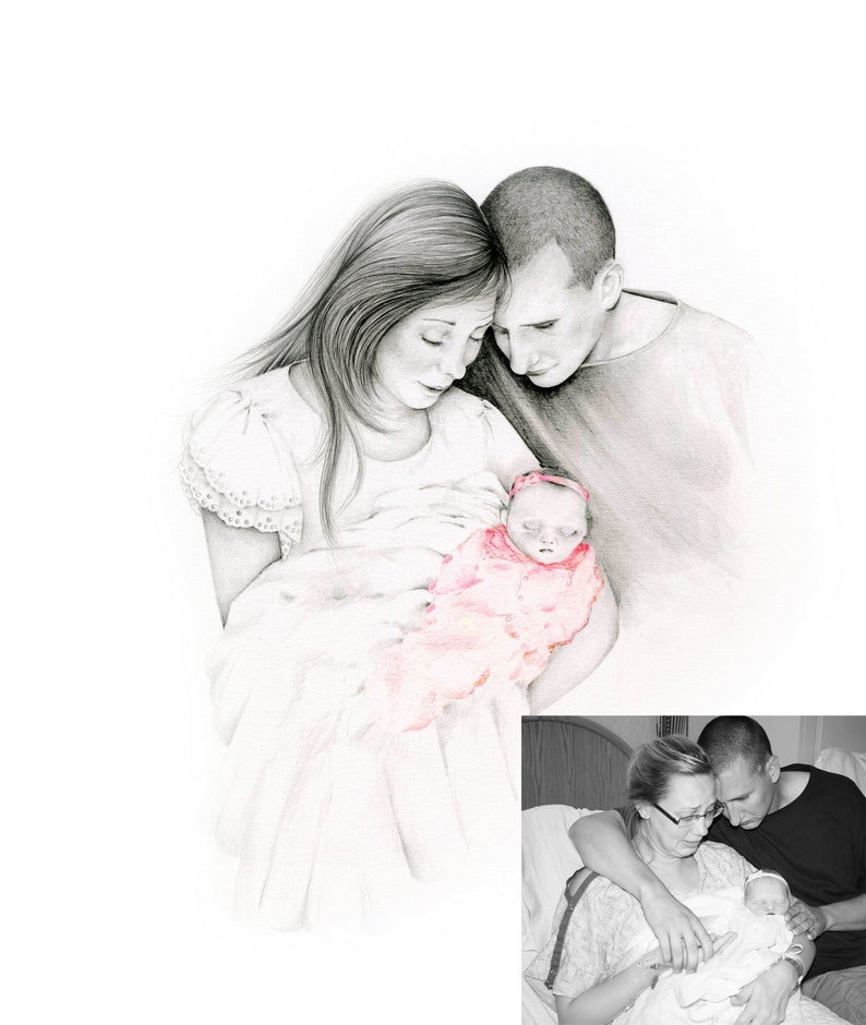 An example of a mom holding her stillborn baby. I took her photo of this moment, where mom was in hospital gown grief stricken. She wanted a portrait drawing, a memorial that they can proudly display in their home. One with a look of beauty and peace