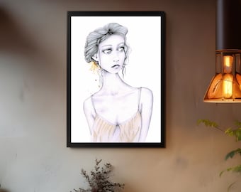 This girl is my original yellow hand drawn painted with coffee staining. One of a kind fine art imagined by me. For your home, wall decor.