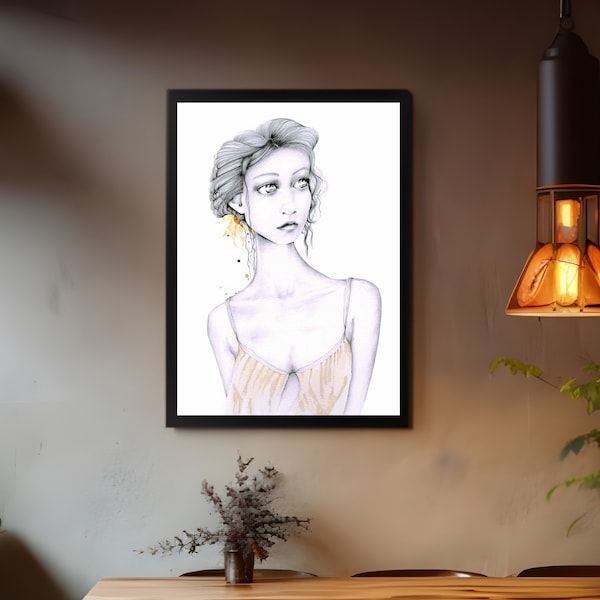 This girl is my original yellow hand drawn painted with coffee staining. One of a kind fine art imagined by me. For your home, wall decor.