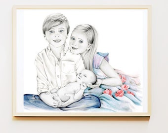 Personalized family portraits, gifts for mom and dad. Drawing of their kids or baby. Hand drawn personalized gifts for parents. Art portrait