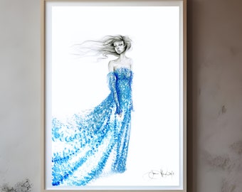Original Art Original Painting Women in Art  Print Blue Abstract Fashion Illustration Painting of a Girl Blue Silver Original Art Print Gift