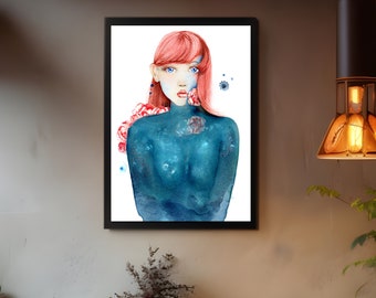 Blue abstract painting print of my original teal blue abstract painting of a nude women. Red head wall art, abstract home decor gift for her