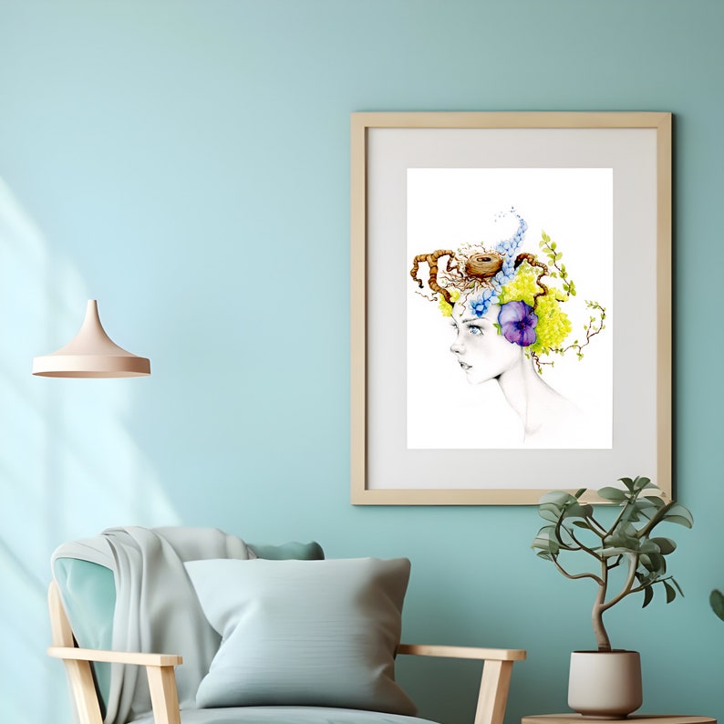 An enlargement, fine art mixed media print displayed here. Many sizes that I offer in both poster and Giclee. A minimalist beautiful girl, adorned with woodland flowers. A watercolor painting, fantasy piece for any living home space.