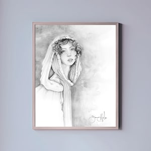 Minimalist silver Giclee print of a girl. Unique wall art, home decor gift for her. Women in art, poster print enlargement wall hanging.
