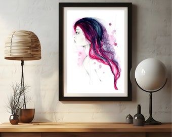 Watercolor painting, minimalist abstract fashion Illustration beauty Salon decor Purple art for hair salon, vanity, spa or boudoir for women