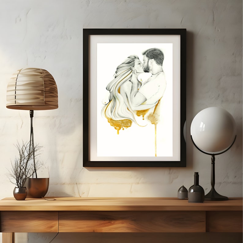 Abstract and unique, a couples portrait, hand drawn using Graphite pencils and watercolor paints. All of my portraits are unique to you and entirely personalized. Tell me your vision, and I can help see it come to life. Unique wedding engagement gift