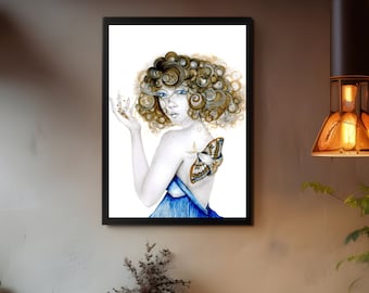 Unique woodland lady for your  home decor any living space. Tones of blue,  brown for your rustic country home. Original one of a kind art