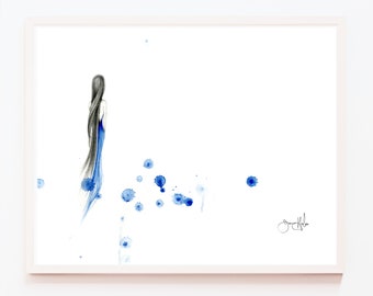 Modern Minimalist Painting Fine Art Blue Abstract Print Original Minimalist Watercolor Painting of a Girl Sad Painting Wall Art Watercolor