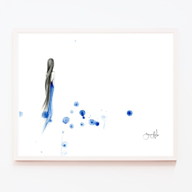 A minimal fine art print of my original abstract watercolor painting of a girl. Named simply Tears. A melancholy girl looking deep into a dream of hopelessness. A stunning work of art for your home in blue. Available in many sizes.