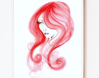 Original red minimalist abstract watercolor painting print  Redhead girl, beauty salon wall decor. Wall art gift for spa vanity or boudoir.