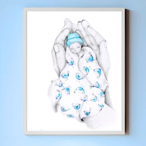 Martwe dziecko w rękach mamy i taty. Pamiątka poronienia, prezent z okazji poronienia we wczesnym stadium ciąży, pamiątka. Rysunek portretu na zamówienie.