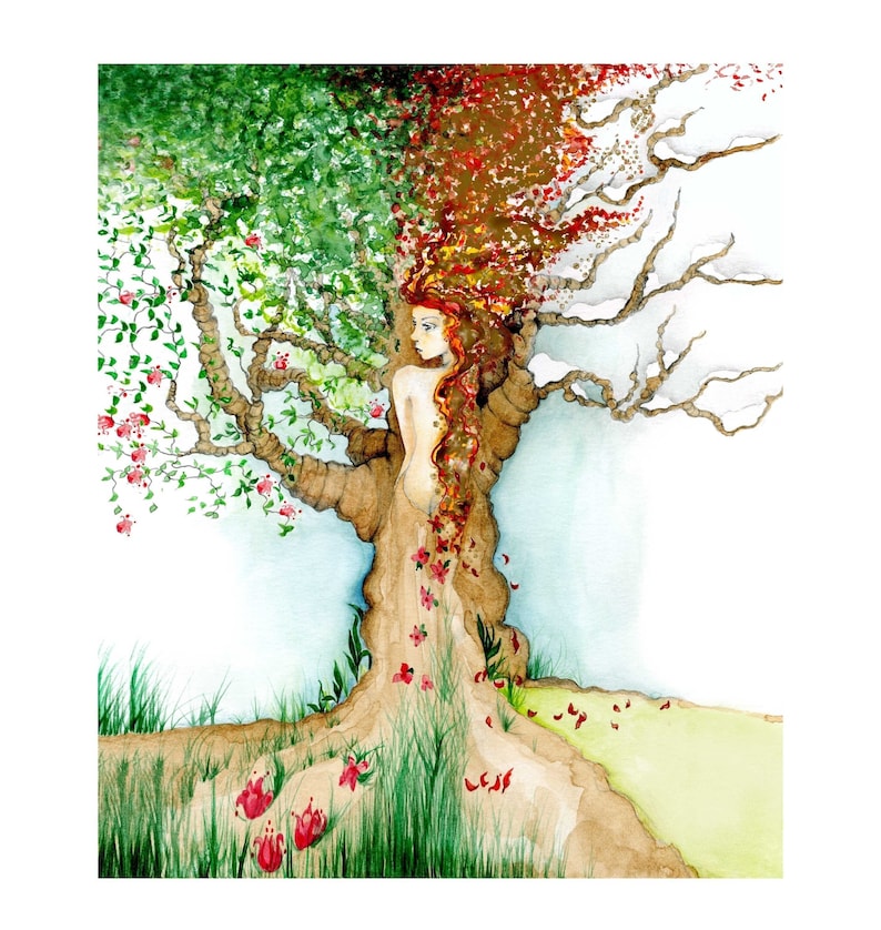 For nature lovers, I offer many sizes for this woodland art piece. A girl, woman in a tree representing all four seasons. A unique nature inspired art print for any wall space in and your home. Abstract colors for, Spring, Summer, Winter and Fall