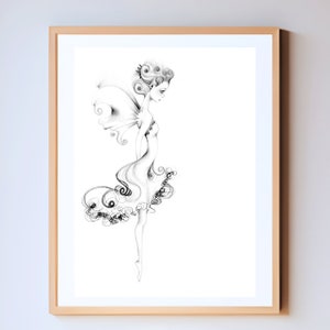 Fairy Drawing Fine Art Giclee Print of My Original Fairy Art Pencil Drawing Black White Minimalist Fairy Wall Art Whimsical Art Joanna Haber