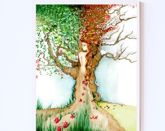 Botanical nature inspired girl in a tree amongst nature Giclee painting art print of original fall Autumn home decor abstract mixed wall art