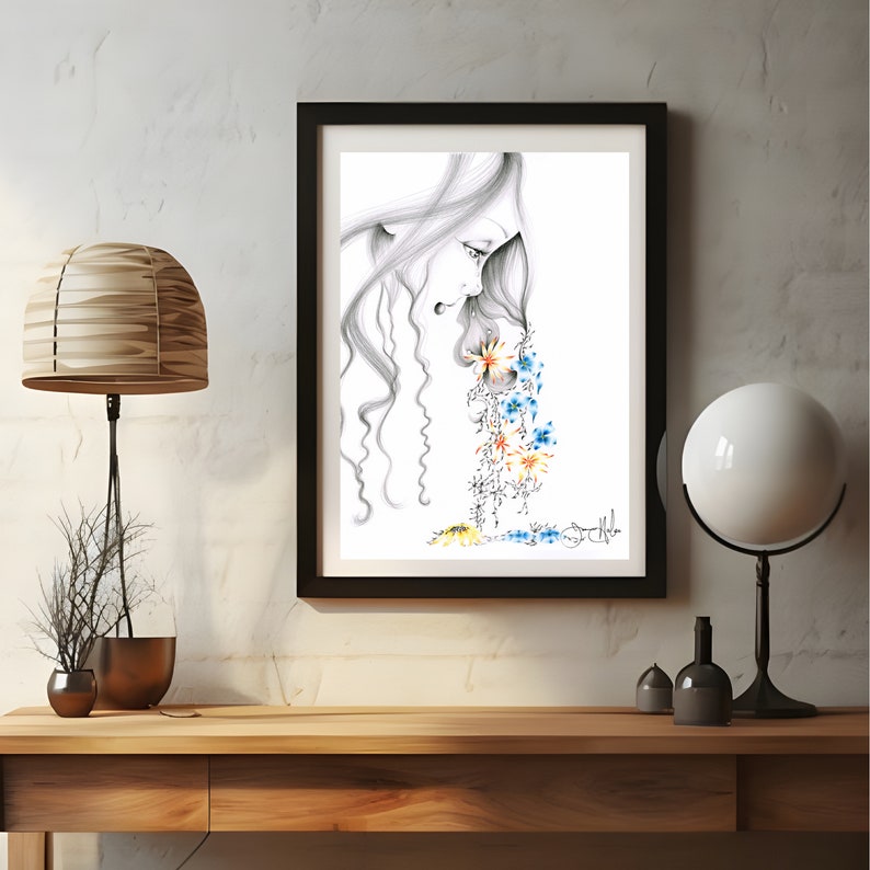 Original Mixed Painting Reproduction Drawing of a Girl Sad Crying Girl Canvas Print Crying Girl Artwork Giclee Art Mixed Flower Art Decor image 2