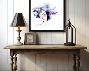 Fashion illustration print. Purple watercolor painting minimalist home decor abstract women wall art feminine hair beauty salon 12" x 12