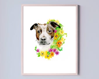 May include: Watercolour painting of a dog with brown and white fur, wearing a wreath of yellow, orange, pink, and green flowers.
