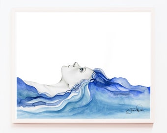 Summer Art Women Art Blue Watercolor Painting Print Tropical Beach Wall Art Blue Hair Ocean Large Painting Print Sea Abstract Woman Decor