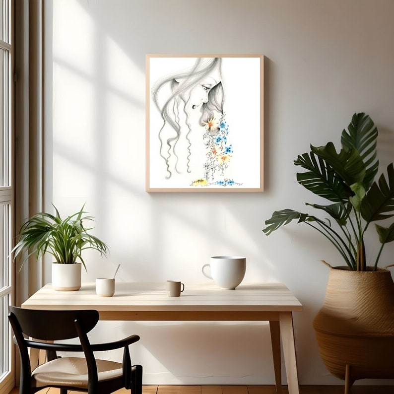 Original Mixed Painting Reproduction Drawing of a Girl Sad Crying Girl Canvas Print Crying Girl Artwork Giclee Art Mixed Flower Art Decor image 4