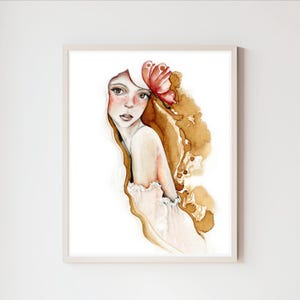 A woodland girl, fantasy original art print My pencil drawing illustration print Fashion illustration. Brown & gold unique gift for her home