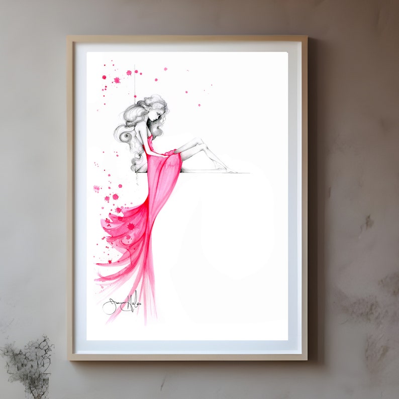An original pink  fashion illustration print. Original work of art is sold. Now available in many sizes to fill any beautiful space in your home. Pretty in pink minimalist girl with sadness, an interesting piece making for a very unique gift for her.