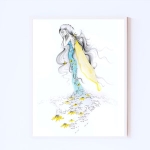 Fairy art original pencil drawing Giclee print illustration, fairy wall art decor, girls room yellow fairy unique gift for her at