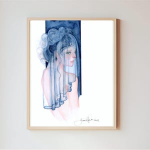 Original Blue Watercolor Painting: Abstract Woman Portrait, 11x14