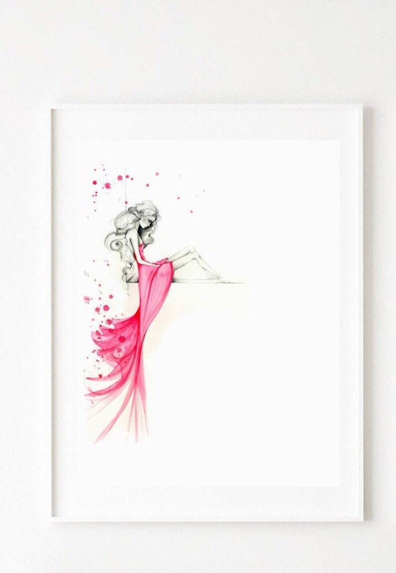 Watercolor painting pink dress fashion art illustration abstract minimalist print sad girl Beauty decor Feminine spa, vanity boudoir gift.