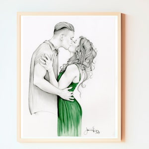 A couples portrait. This is not digitally created. All of my custom portraits are hand drawn by me on paper from your photo. Bringing that unique feel to any special moment, a gift, memento for that lucky couple. Engaged and ready for wedding.