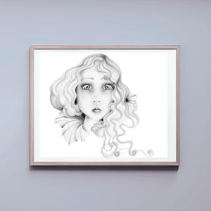 One of a kind art woman beautiful drawing of a girl wall art hand drawn girls face with big eyes. Pretty minimalist black and white decor